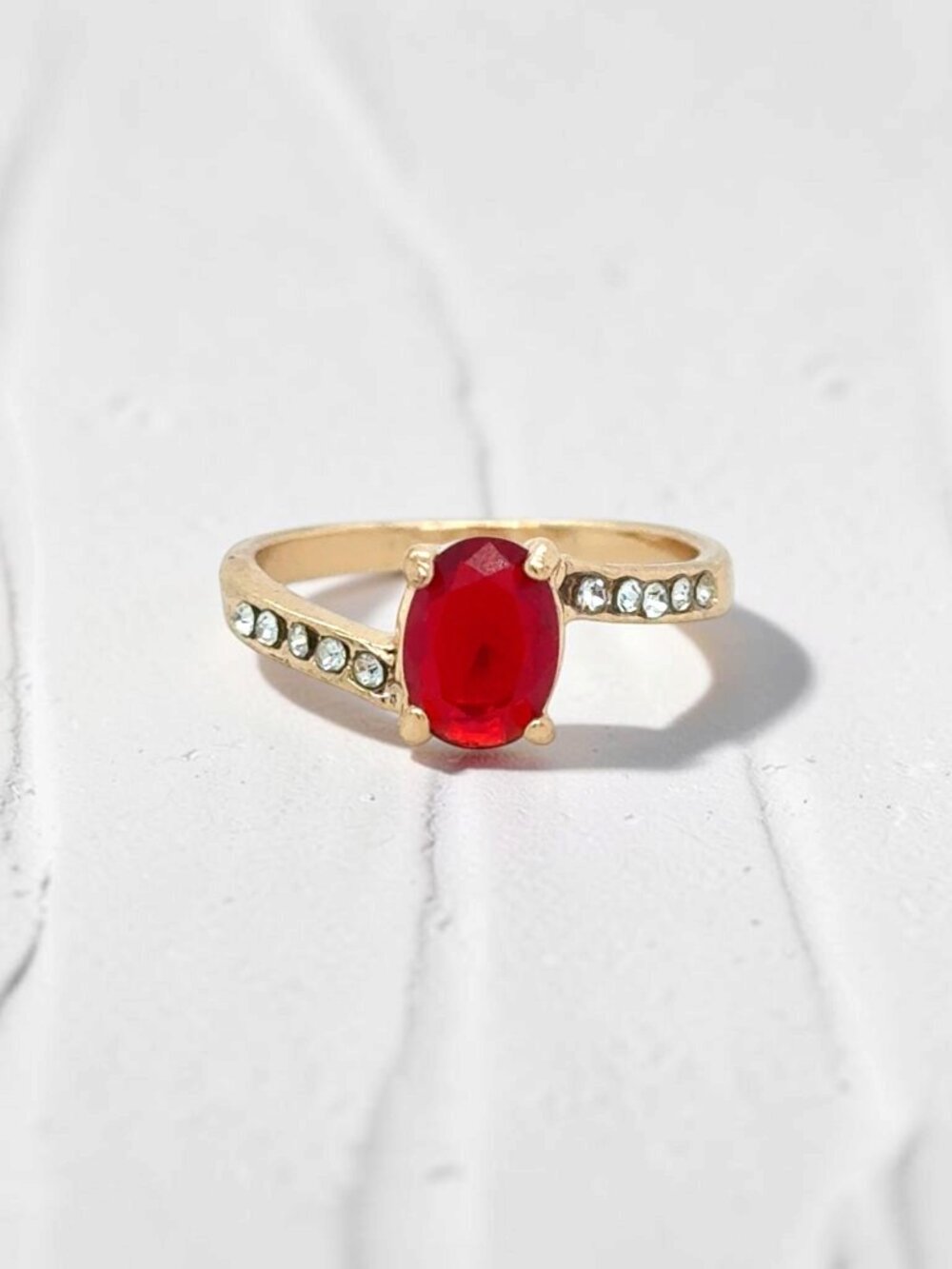 Gold-Tone Bypass Style Ring with Red and White Rhinestones